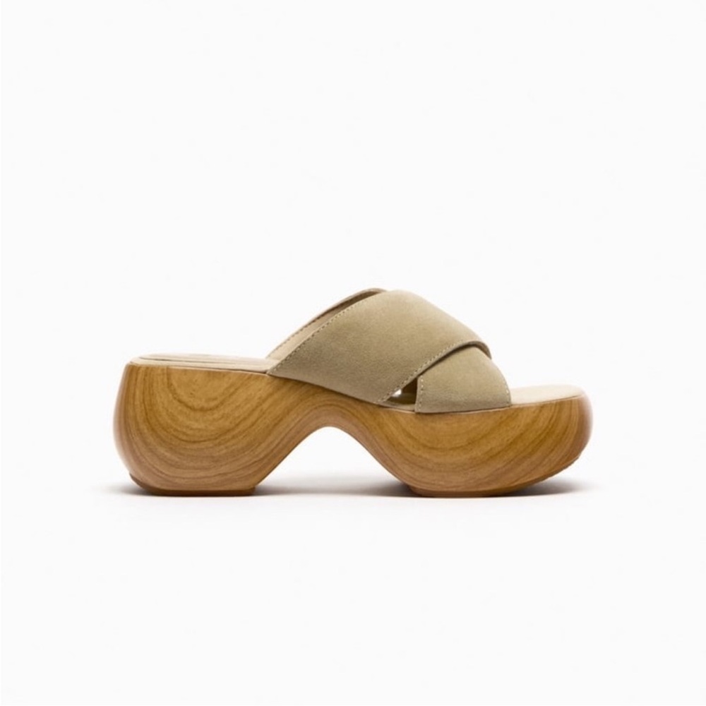 Zara Platform Tan Air Fit Cow Leather Upper Sandal Clogs Sz. 8 - Picture 3 of 15